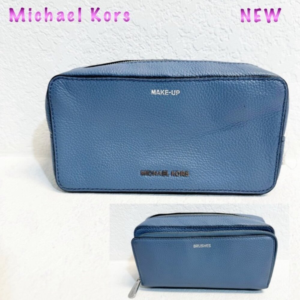 NWT-Michael Kors Blue Dual Zip Pouch Makeup Travel Bag